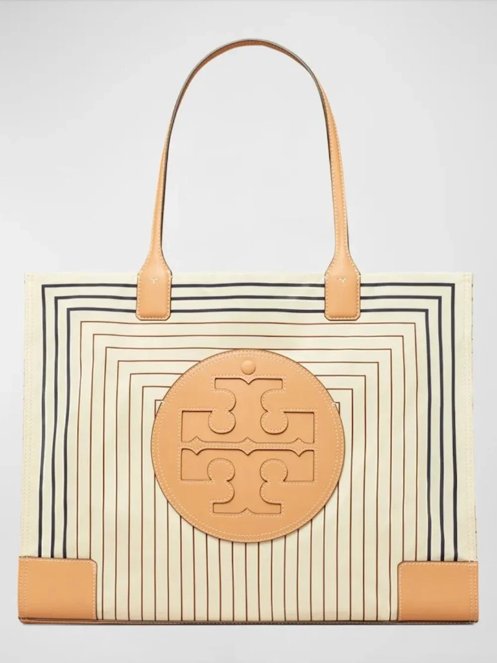 Tory Burch Cream Stripe Ella Print Tote with Tan Leather Trim - Large